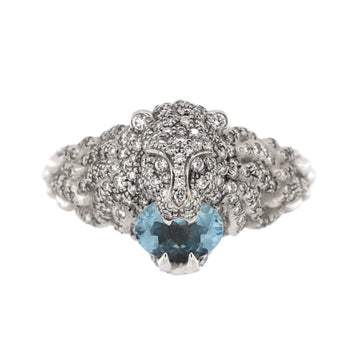 Gucci Lion Head Ring 18K White Gold with Pave Diamonds and Aquamarine