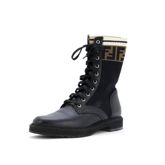 Fendi Women's Rockoko Combat Boots Leather with Knit Stretch Fabric and Zucca Trim
