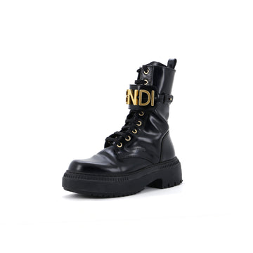 Fendi Women's Fendigraphy Biker Combat Boots Leather with Metal