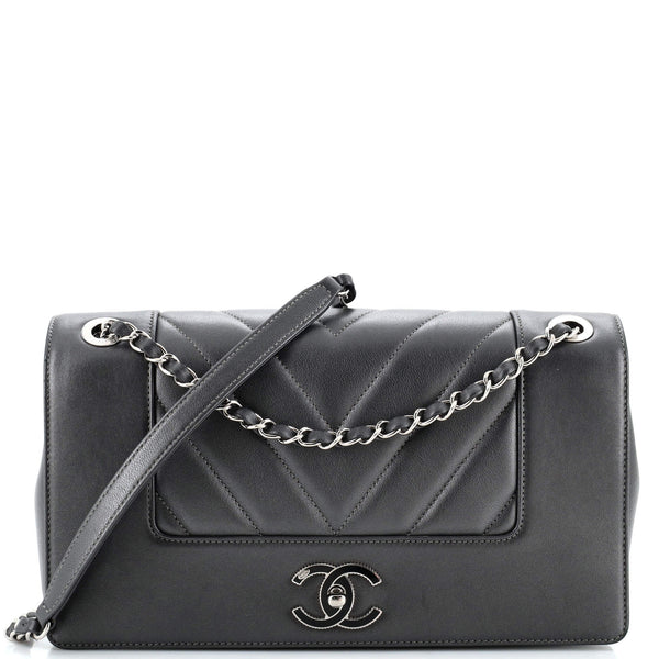 Chanel Mademoiselle Vintage Flap Bag Chevron Sheepskin Large Gray 