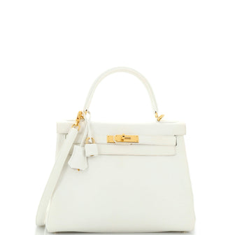 Hermes Kelly Handbag White Clemence with Gold Hardware 28