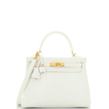 Hermes Kelly Handbag White Clemence with Gold Hardware 28