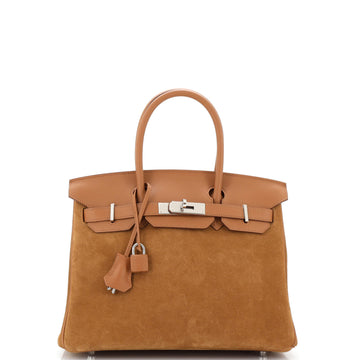 Hermes Grizzly Birkin Handbag Brown Doblis Suede with Swift with Palladium Hardware 30