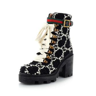 Gucci Women's Heeled Lace Up Combat Ankle Boots GG Wool