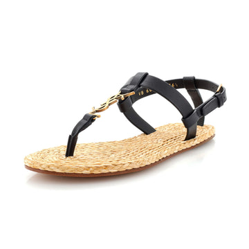 Saint Laurent Women's Monogram Thong Sandals Leather and Raffia