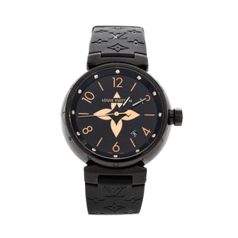 Louis Vuitton Tambour All Black Quartz Watch PVD Coated Stainless Steel and Monogram Rubber with Diamond Markers 39