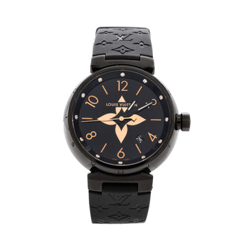 Louis Vuitton Tambour All Black Quartz Watch PVD Coated Stainless Steel and Monogram Rubber with Diamond Markers 39