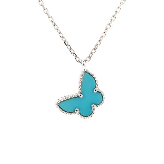Van Cleef & Arpels Sweet Alhambra Butterfly Pendant Necklace 18K White Gold with Turquoise