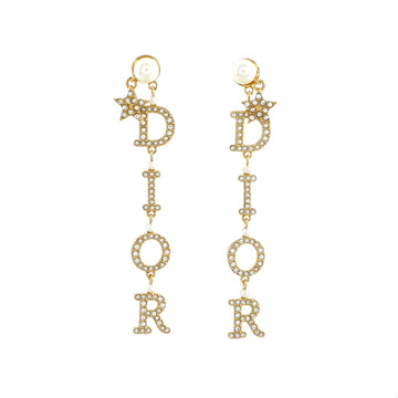 Christian Dior Dior Logo Drop Earrings Crystal Embellished Metal and Faux Pearl