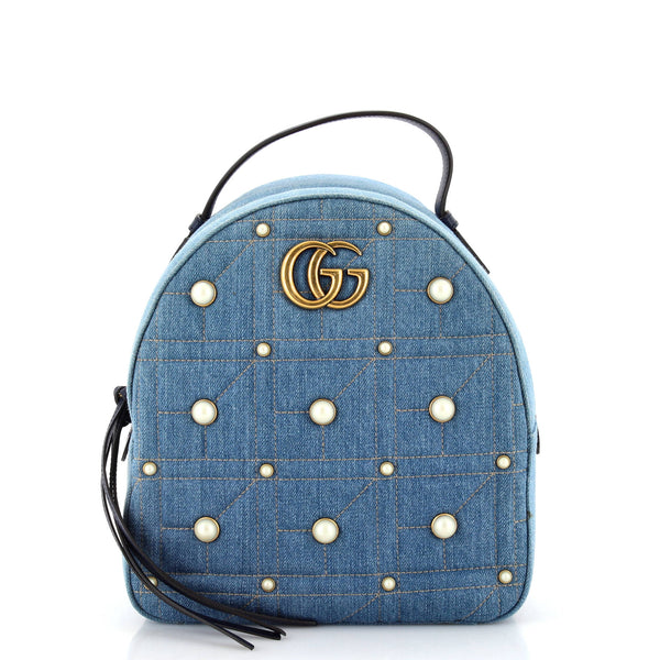 Gucci Pearly GG Marmont Backpack Embellished Matelasse Denim Small 280436
