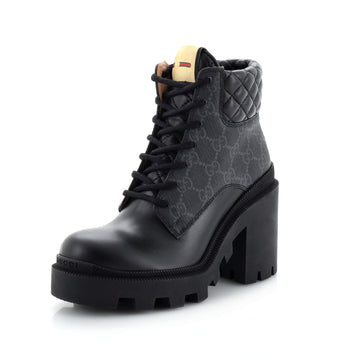 Gucci Women's Lace Up Heeled Ankle Boots GG Coated Canvas with Quilted Leather