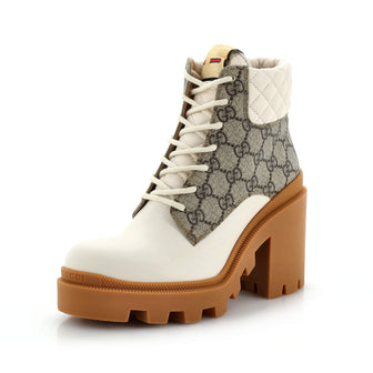 Gucci Women's Lace Up Heeled Ankle Boots GG Coated Canvas with Quilted Leather