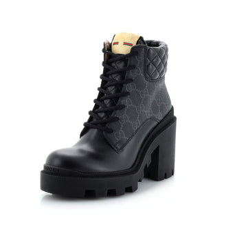 Gucci Women's Lace Up Heeled Ankle Boots GG Coated Canvas with Quilted Leather