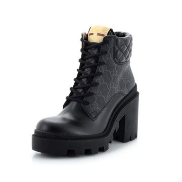 Gucci Women's Lace Up Heeled Ankle Boots GG Coated Canvas with Quilted Leather