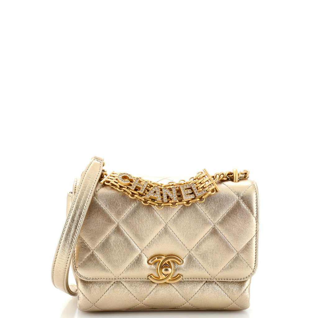 Chanel Crystal Logo Letters Chain Handle Flap Bag Quilted Lambskin