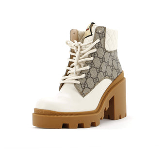 Gucci Women's Lace Up Heeled Ankle Boots GG Coated Canvas with Quilted Leather