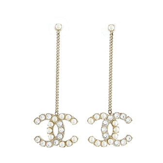 Chanel Dazzling Domino Drop Earrings Faux Pearls with Crystal Embellished Metal