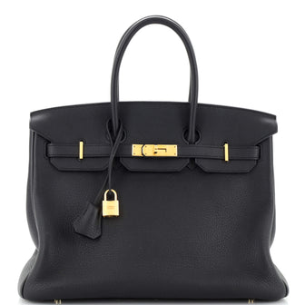 Hermes Birkin Handbag Black Clemence with Gold Hardware 35