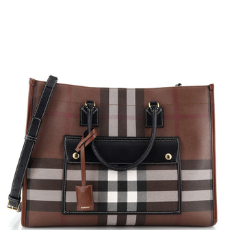 Burberry Freya Shopping Tote Check Canvas with Leather Medium