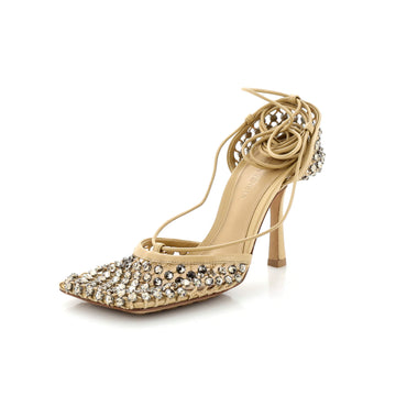 Bottega Veneta Women's Sparkle Stretch Heeled Sandals Crystal Embellished Mesh and Leather
