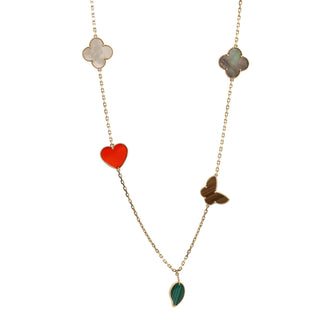 Van Cleef & Arpels Lucky Alhambra 12 Motifs Necklace 18K Yellow Gold with Carnelian, Malachite, Mother of Pearl and Tiger Eye