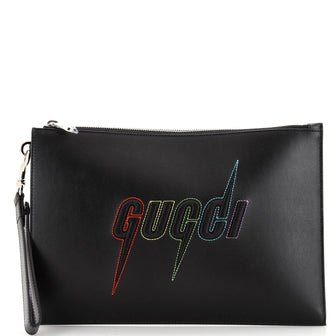 Gucci Blade Logo Wristlet Pouch Embroidered Leather