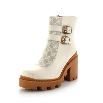 Gucci Women's Double Buckle Lug Sole Ankle Boots Leather with GG Coated Canvas