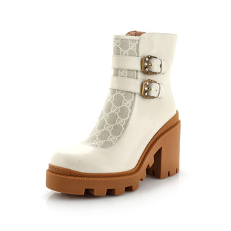 Gucci Women's Double Buckle Lug Sole Ankle Boots Leather with GG Coated Canvas