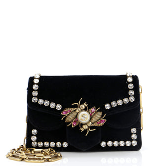 Gucci Broadway Pearly Bee Shoulder Bag Crystal Embellished Velvet Mini