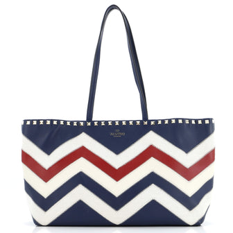 Valentino Garavani Rockstud Shopper Tote Chevron Leather and Canvas Medium