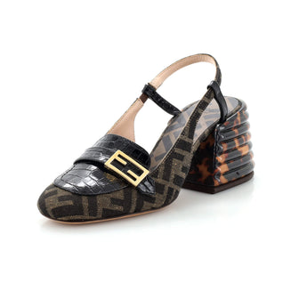 Fendi Women's Promenade Slingback Pumps Zucca Canvas with Embossed Leather