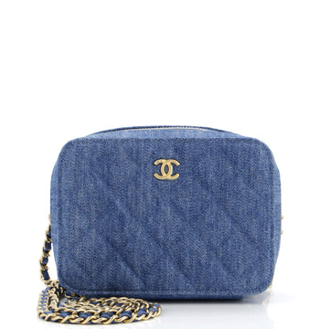 Chanel Pearl Crush Zip Around Vanity Case with Chain Quilted Denim Mini
