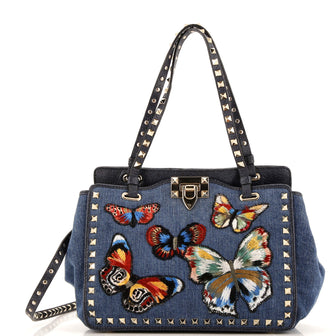 Valentino Garavani Rockstud Tote Denim with Butterfly Applique Small