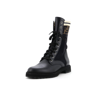Fendi Women's Rockoko Combat Boots Leather with Knit Stretch Fabric and Zucca Trim