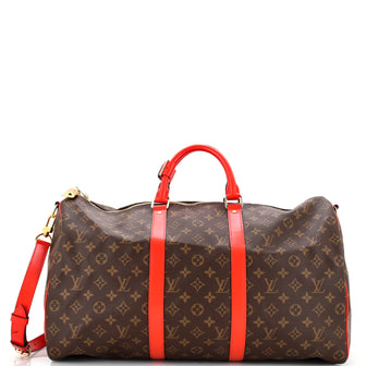 Louis Vuitton Keepall Bandouliere Bag Monogram Canvas with Coquelicot Leather Trim 50
