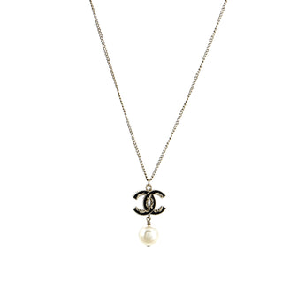 Chanel CC Drop Pendant Necklace Metal with Enamel and Faux Pearl