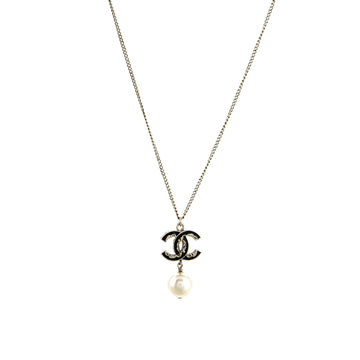 Chanel CC Drop Pendant Necklace Metal with Enamel and Faux Pearl