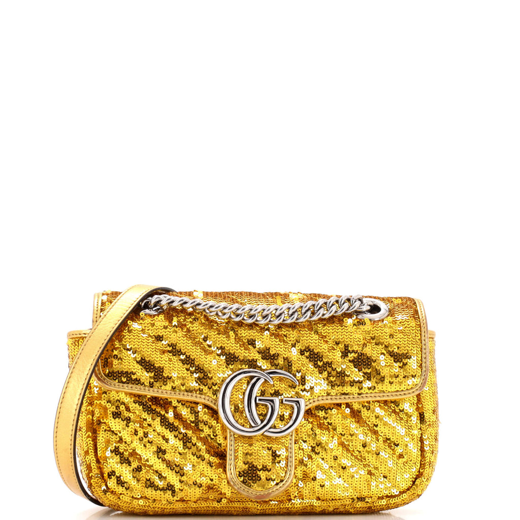 Gucci GG Marmont Flap Bag Diagonal Quilted Sequins Mini Gold 2823341