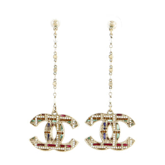 Chanel Tweed Effect CC Chain Drop Earrings Metal and Enamel with Crystals and Faux Pearls