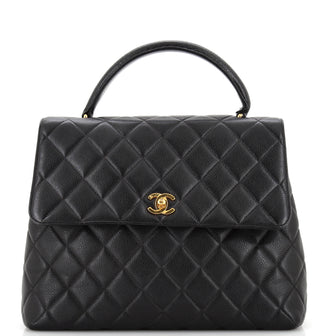 Chanel Vintage Classic Top Handle Flap Bag Quilted Caviar Jumbo