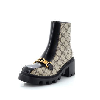 Gucci Women's Interlocking G Lug Sole Ankle Boots GG Coated Canvas with Leather