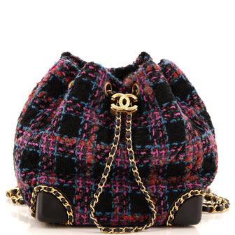Chanel Chained Drawstring CC Bucket Backpack Quilted Tweed Small