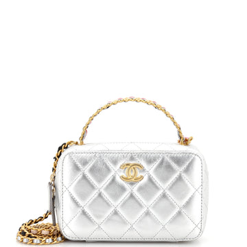 Chanel CC Woven Rainbow Chain Handle Zip Around Vanity Case Quilted Lambskin Mini