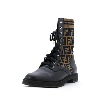 Fendi Women's Rockoko Combat Boots Leather and Zucca Knit Stretch Fabric