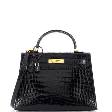 Hermes Kelly Handbag Black Shiny Niloticus Crocodile with Gold Hardware 32