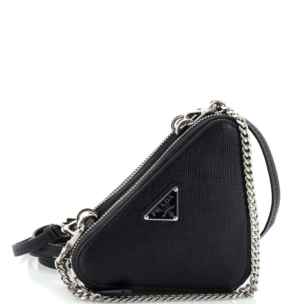 Prada Triangle Double Zip Pouch Bag with Chain Saffiano Leather