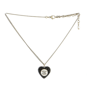 Chanel CC Heart Pendant Necklace Metal with Crystals and Faux Pearls