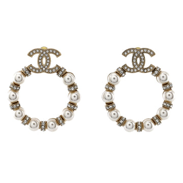 Chanel CC Circle Hoop Earrings Metal with Faux Pearls and Crystals