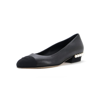 Chanel Women's CC Cap Toe Ballerina Flats Leather with Grosgrain and Faux Pearls