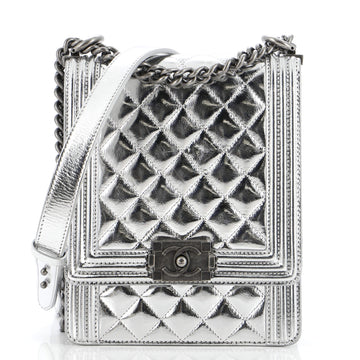 Chanel North South Boy Flap Bag Quilted Metallic Calfskin Small